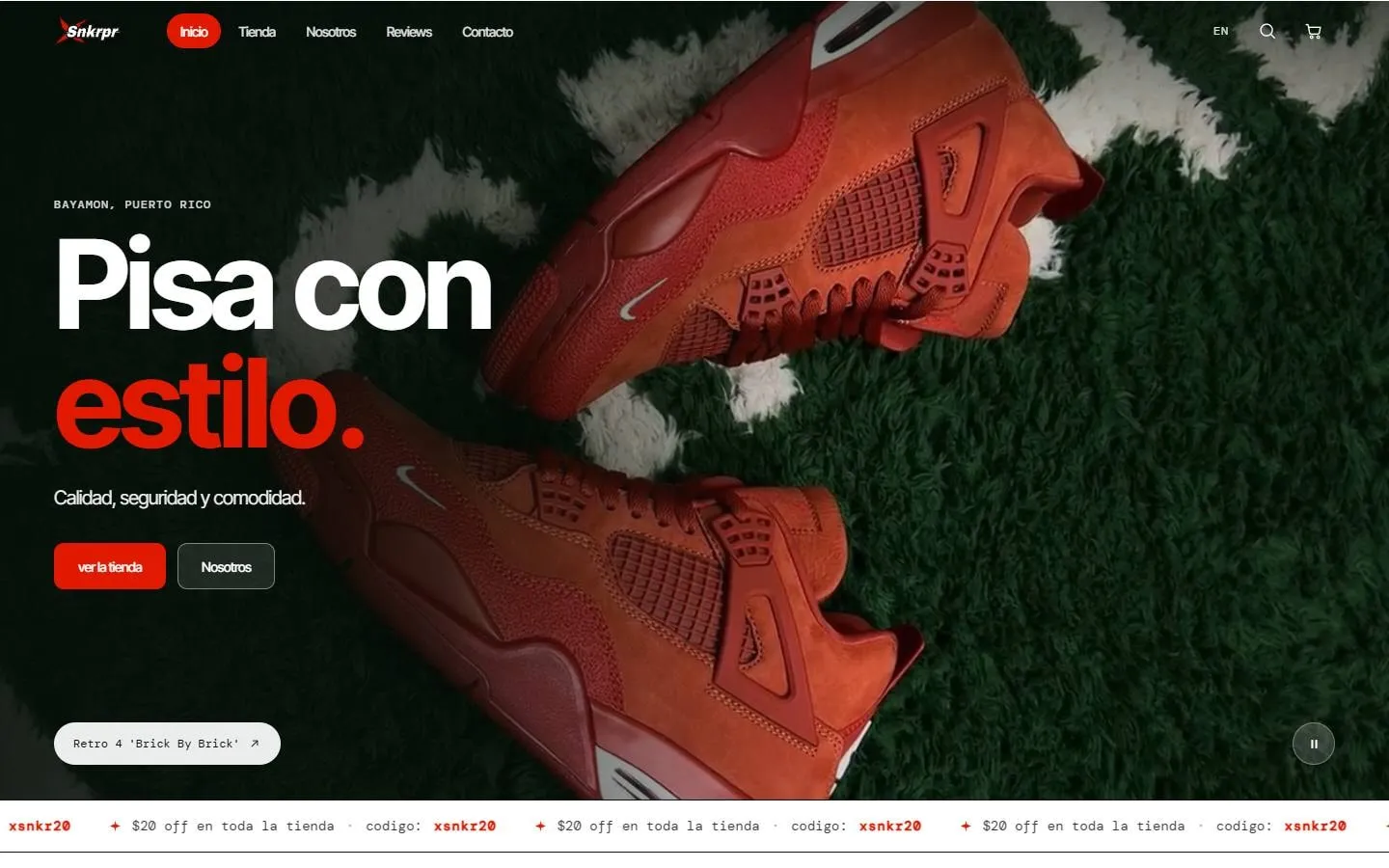 El website nuevo de Snkrpr: hero oscuro con video y el lema Pisa con estilo